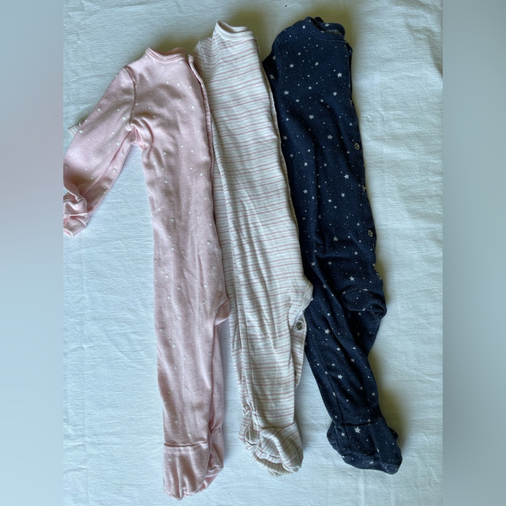 Set of Three Baby Footed Pajamas - Pink, Striped, and Navy